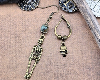 Pirate A-Symmetrical Bronze Skeleton & African Turquoise Earrings, Unisex