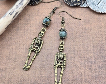 Ladies Pirate Bronze Skeleton & African Turquoise Earrings