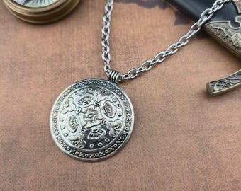 Pirate Silver Aztec Medallion Long Chain Necklace