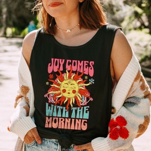 Boho Retro 60&#39;s Tank, Bible Verse Tank, Trendy Christian Shirt, Retro Sunshine Tank, Joy Comes With The Morning Psalms 30, Christian Gift