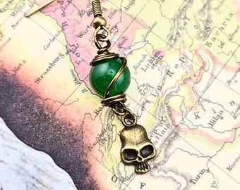 Pirate Jade & Bronze Skull Single Earring