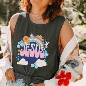 Boho Retro 60&#39;s Jesus Tank, Rainbow Sun Jesus Tank for Her, Trendy Christian Shirt, Retro 60&#39;s Summer Rainbow Tank, Christian Gift for Her