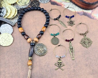 Pirate 7 pc. Bronze Beaded Wine Charms & Bottle Necklace Set