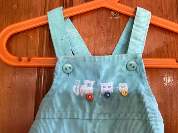 Vintage baby blue corduroy train overalls, health… - image 2