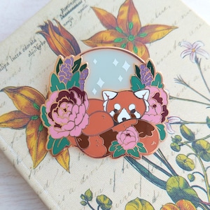 Red Panda and Peonies - Hard Enamel Pin