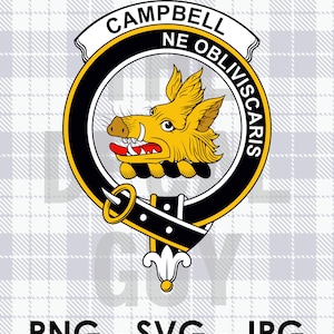 May include: A black and white circular crest with a yellow boar's head in the centre. The crest is surrounded by a black and white ribbon with the text "Campbell Ne Obliviscaris" in white. The crest is on a plaid background.