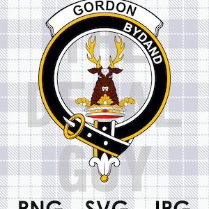 May include: A black and gold Scottish clan crest with the text "Gordon Bydand" in a white banner. The crest features a stag's head with a crown and a belt with a buckle.