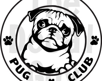 Pug Club, Pug Logo, Cute Pug SVG Decal Laptop Sticker Cut File for Silhouette Cameo, Cricut, Laser Cutter and Sublimation SVG PNG jpg htv