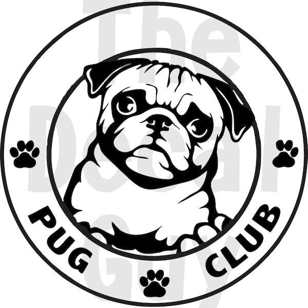 Pug Club, Pug Logo, Cute Pug SVG Decal Laptop Sticker Cut File for Silhouette Cameo, Cricut, Laser Cutter and Sublimation SVG PNG jpg htv
