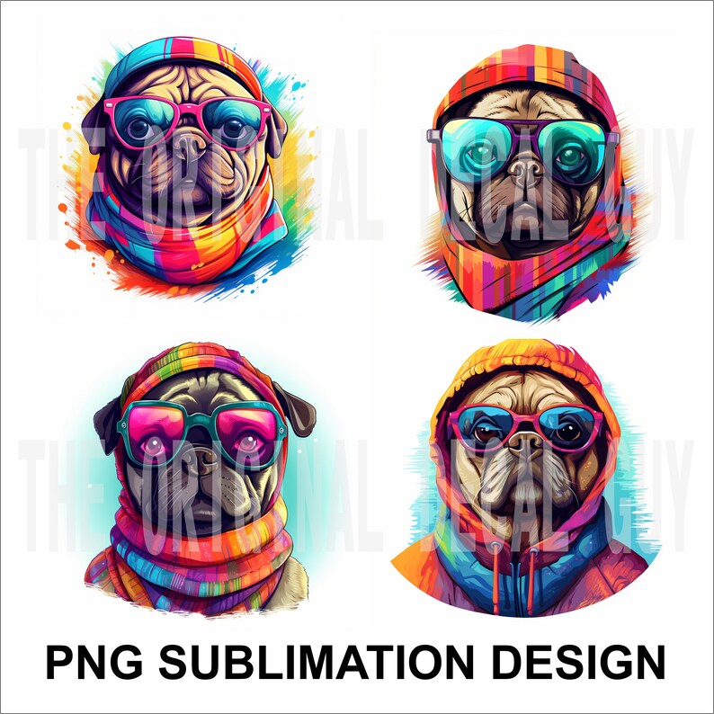 Cute Pugs in Vibrant Sunglasses SET of 4 Adorable Sublimation Design