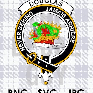 Puede incluir: Un escudo circular negro y dorado con un dragón verde y llamas. El escudo tiene el texto "DOUGLAS" en la parte superior, "NEVER BEHIND" a la izquierda, "JAMAIS ARRIERE" a la derecha y "PNG - SVG - JPG" en la parte inferior.