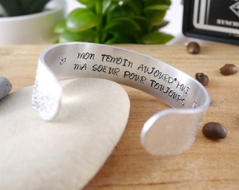 Engraved metal bracelet My witness today My sister forever - Textured ring bracelet - Customizable jewel - Message bracelet