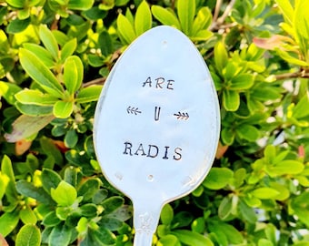 Are U Radish garden label - Vintage garden accessory - Recycled spoon - Metal engraving - Vegetable garden gift - Pun