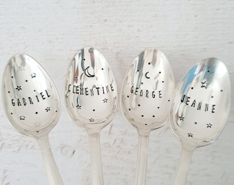 Personalized baby gift, spoon engraved with name and starry sky, handcrafted vintage spoon, child's christening gift