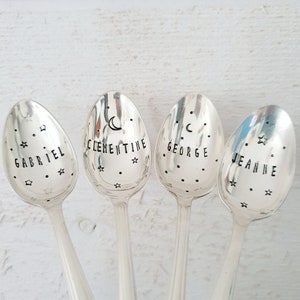 Coffee spoon personalized first name and starry sky - Vintage moon and stars spoon - Birth gift - Child birthday