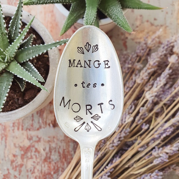 Eat your Dead engraved coffee spoon - Small silver metal spoon - Vintage engraved spoon - Humor gift idea - Punchline
