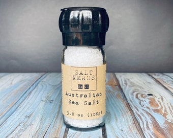 Australian Coarse Sea Salt • Glass Jar w/ Grinder or Shaker • 3.8 oz • SaltNerds • Foodie Gift • Refillable • Reusable