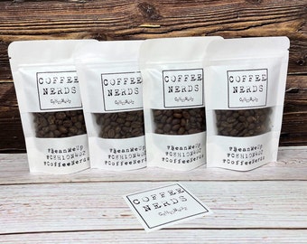 CoffeeNerds • Host Gift • 4 Pack Coffee Sampler • Gourmet Coffee Gift • Coffee Lover • Specialty Coffee • Wedding Housewarming • C8H10N4O2