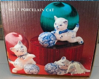 Set of 3 Vintage Porcelain Delft Blue Cat Kitten Playing With Soccer Ball Made in China