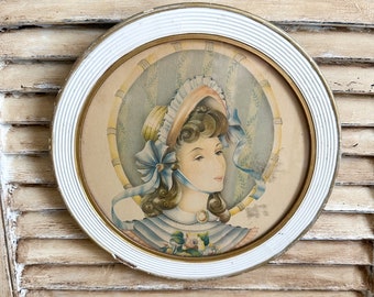 Vintage Dennite Chicago White Round Frame Lady In Bonnet Wall Art Cottage Style