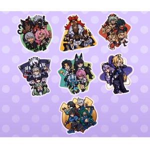 May include: A collection of seven colorful anime-style stickers. Each sticker features a group of characters with unique designs and vibrant colors. The stickers are on a light purple background with white polka dots.