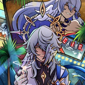 May include: Digital art illustration featuring two anime-style characters with long, light blue hair. One holds a martini glass. The background includes a casino sign and palm trees. The artwork has a vibrant color palette with gold and blue accents.