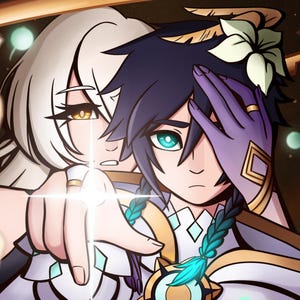 Puede incluir: Ilustración digital de dos personajes de estilo anime. Uno tiene cabello blanco y ojos amarillos, el otro tiene cabello azul oscuro, ojos turquesa y una flor en el cabello. Los personajes están en un abrazo cercano, con uno señalando con un dedo brillante.