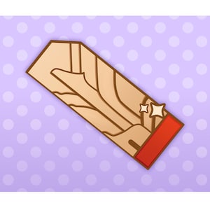 May include: A rectangular sticker featuring a stylized illustration of a hand with a red border and two star-shaped accents. The sticker has a light brown and tan color scheme, set against a purple polka dot background.