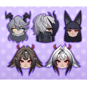 May include: Five anime-style character head illustrations. The characters have various hair colors, including gray, black, and white, and feature horns, animal ears, and masks. The background is a light purple with white polka dots.
