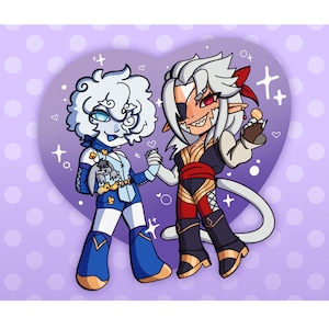 May include: A digital illustration of two anime-style characters holding hands. One character has blue skin and white curly hair, wearing a blue and gold outfit. The other has white hair, an eyepatch, and a red and black outfit. The background is purple with white polka dots.