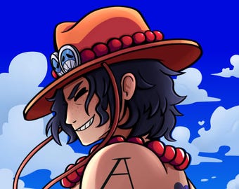May include: Digital illustration of a character with black hair, wearing an orange hat with red beads and a skull emblem. The character has a tattoo that says "AS" on their back. The background is a blue sky with white clouds.