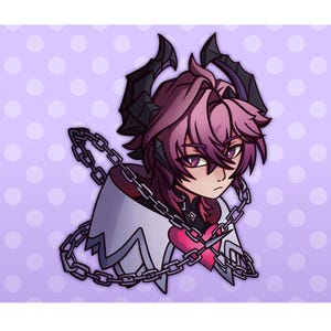 May include: A digital illustration of a character with pink hair, purple eyes, and black horns. The character is adorned with a chain and a heart-shaped emblem. The background is a light purple with white polka dots.