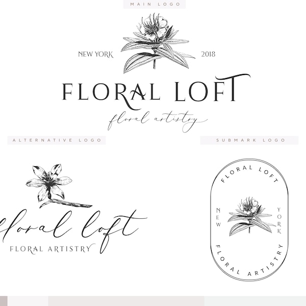 Flower Boutique Logo, Floral Wedding Logo, Botanical Logo, Florist Logo, Floral Watermark Logo, Flower Leaves, Minimal Logo, Floral Logo Set
