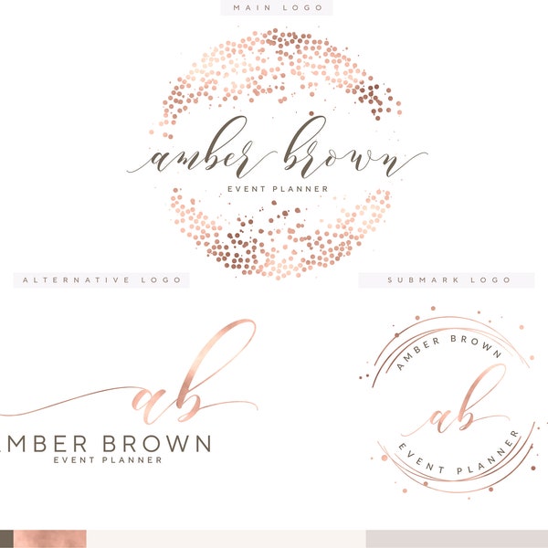 Confetti Logo Design, Rose Gold Logo, MUA Logo, Feminine Branding Kit, Event Planner Logo, Script Font, Rose Gold Circle Logo, Fashion Logos