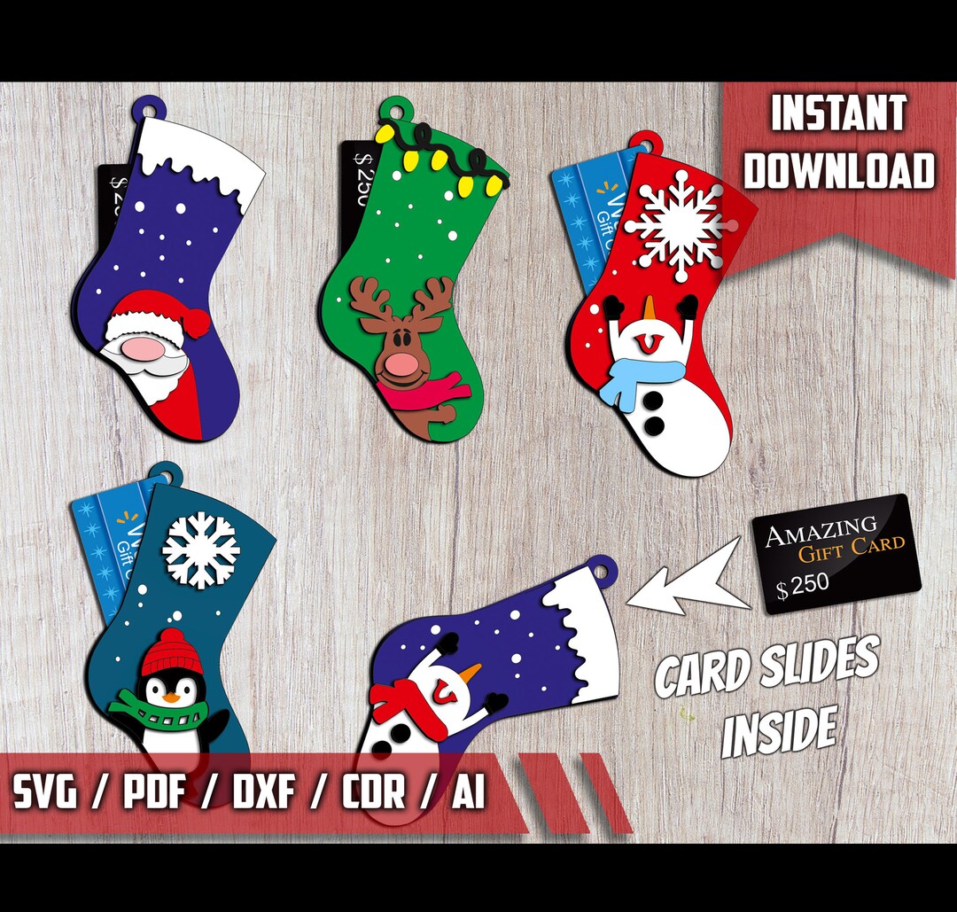Christmas Socks Gift Card Money Holder Set of 5 SVG Etsy