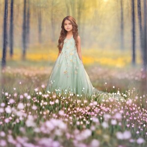May include: A young girl in a light green tulle dress with floral embroidery stands in a field of white wildflowers. The dress has a fitted bodice and a full skirt. The girl has long brown hair and is looking at the camera.