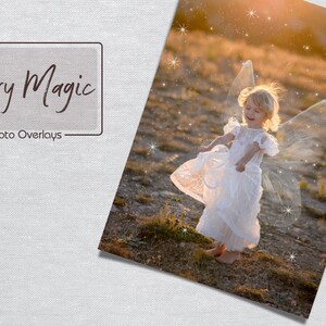 May include: A young girl wearing a white dress and fairy wings with sparkling glitter in the background. The image is titled "Fairy Magic - Photo Overlays".