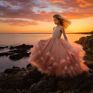 May include: A young girl in a pink tulle dress stands on a rocky shore at sunset. The dress has multiple layers of ruffles and the girl's hair is blowing in the wind.