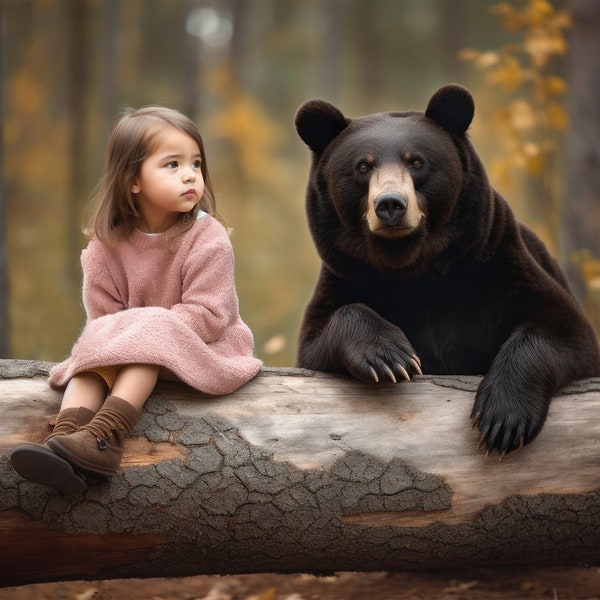 Large Black Bear Sitting Atop Log, Digital Backdrop, Child Photo, Newborn, Baby Photography, Portrait, Wilderness, Nature, Majestic, Themed