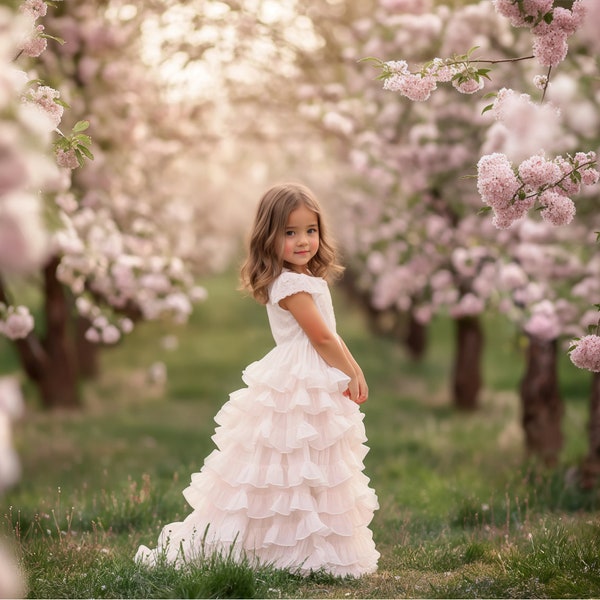 Whimsical Cherry Blossom Avenue Digital Background, Soft Pastel Flowering Trees, Spring Orchard Walk PNG, Magical Garden Scene, Download