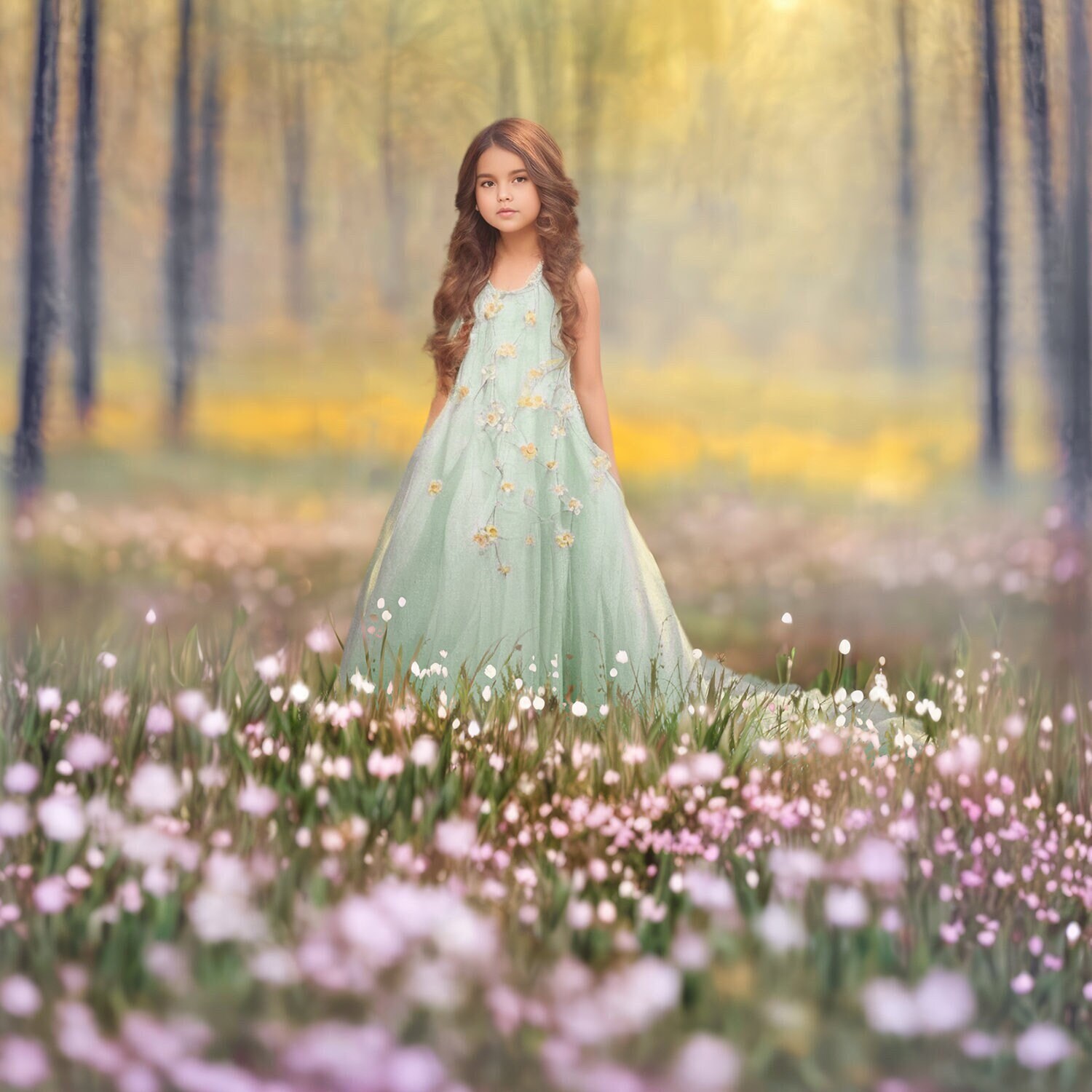 Sprawling Field of Flowers, Majestic Trees in Background, Digital ...