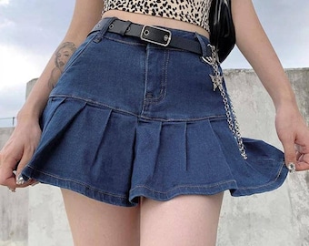 pleated denim mini skirt