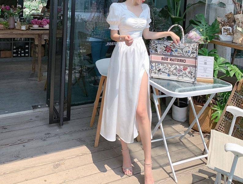 Puff Sleeve Retro Vintage Dress Elegant Bustier White Fairy Dress Milkmaid Slip Dress