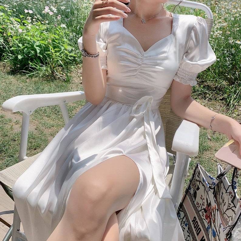 Puff Sleeve Retro Vintage Dress Elegant Bustier White Fairy Dress Milkmaid Slip Dress