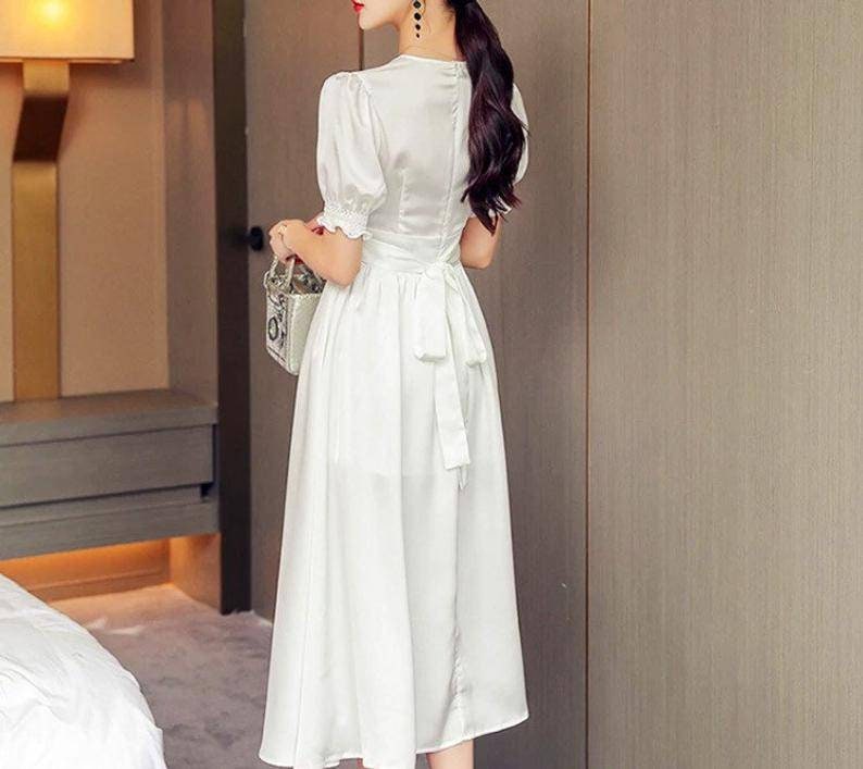 Puff Sleeve Retro Vintage Dress Elegant Bustier White Fairy Dress Milkmaid Slip Dress