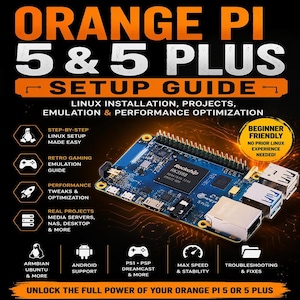 Pode incluir: Um anúncio para o guia de configuração do Orange Pi 5 & 5 Plus. A imagem apresenta uma placa de circuito azul com o texto "Orange Pi 5 & 5 Plus" em letras grandes laranja e brancas. O guia cobre a instalação do Linux, projetos, emulação e otimização de desempenho.