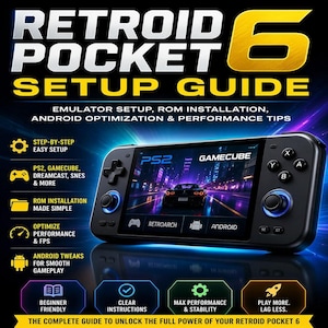 Könnte beinhalten: Werbebild für den Retroid Pocket 6 Setup Guide. Das Bild zeigt eine schwarze Handheld-Spielkonsole mit einem Bildschirm, der ein Rennspiel anzeigt. Der Guide behandelt Emulator-Setup, ROM-Installation und Android-Optimierung. Er verspricht eine einfache Einrichtung und optimierte Leistung.