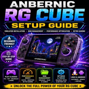 Könnte beinhalten: Ein lila-schwarzes Anbernic RG Cube Setup-Handbuch. Das Handheld-Gaming-Gerät zeigt eine Retro-Spielszene. Der Leitfaden umfasst Emulator-Installation, ROM-Verwaltung und Leistungsoptimierung. Der Text lautet: "Entfesseln Sie die volle Leistung Ihres RG Cube."