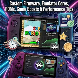 Puede incluir: Gráfico promocional de la Guía de configuración de AYN Odin 2. Muestra dos consolas de juegos portátiles que muestran interfaces de juegos, incluyendo Super Mario World y Metroid Fusion. El texto destaca el firmware personalizado, los núcleos de emulador y los consejos de rendimiento. El nombre del autor, Bob Babson, está en la parte inferior.