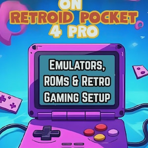 May include: A vibrant illustration promoting retro gaming on the Retroid Pocket 4 Pro. The image features a stylized purple handheld console with the text "EMULATORS, ROMS & RETRO GAMING SETUP" on the screen. The title "GAME LIKE A PRO" is displayed above.